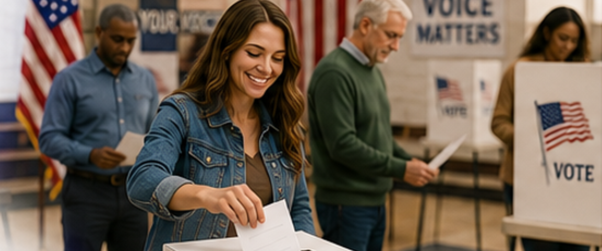 Professional civic engagement scene showing voters and election participation.